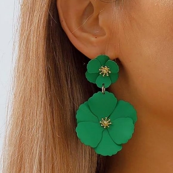 Green Double Flower Blossom Statement Earrings Big Floral Bloom Emerald Flowers - Picture 4 of 4